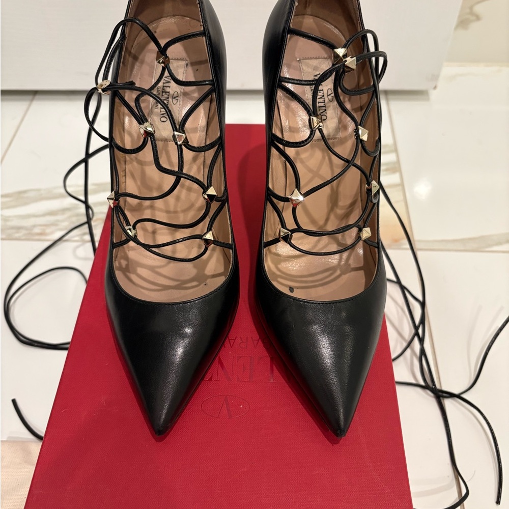 Valentino Black Leather Lace-Up Studded Heels Size 37.5